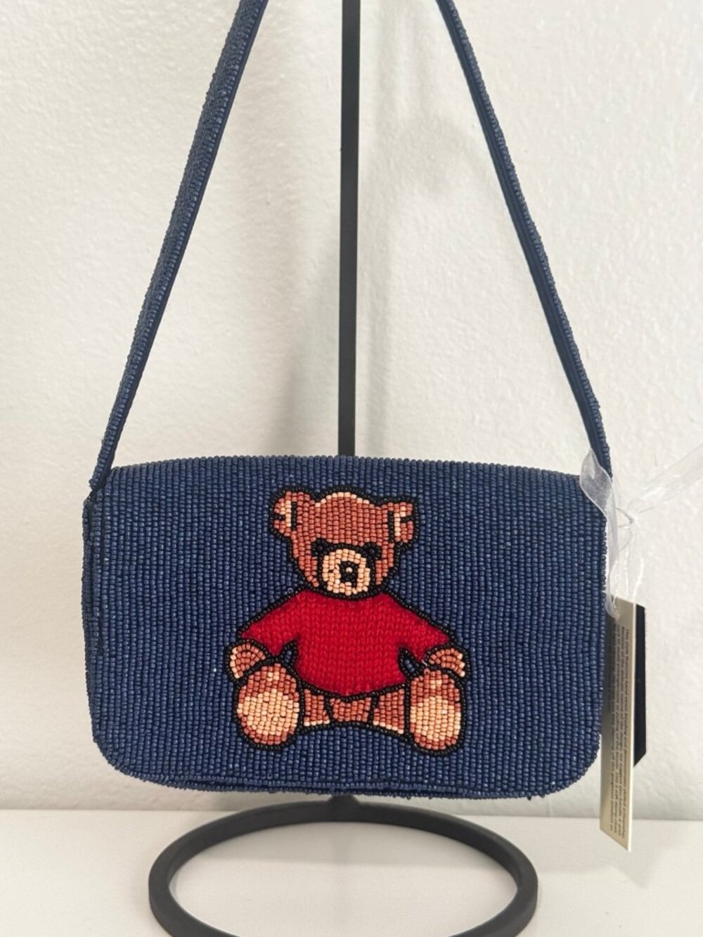 NWT blue beaded teddy bear shoulder bag HTF viral beaded